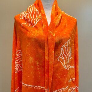 Orange/white batik shawl with fish design